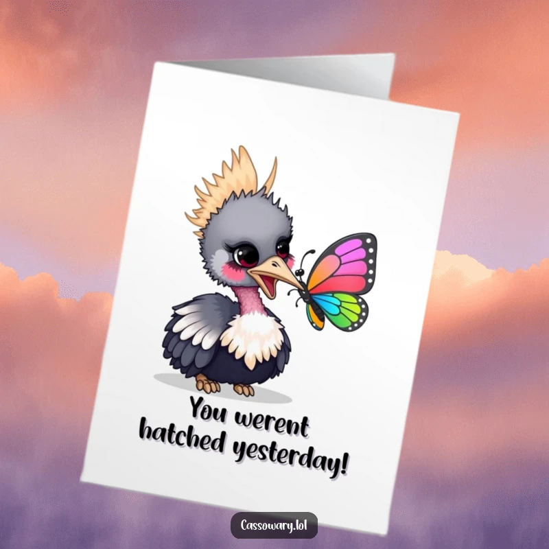 Funny Free Printable Congratulations Card: A smiling cassowary nudging a butterfly, a delightful downloadable gift.