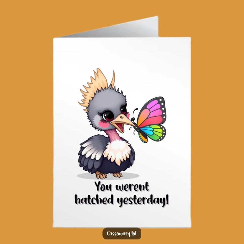 Free Printable Cassowary Congrats Card: Nudging Butterfly Design, Funny Downloadable Gift