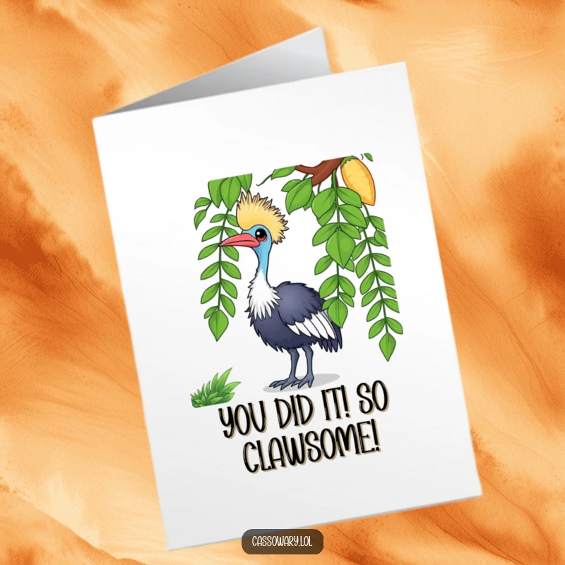 Free Printable Congratulations Card with a funny, curious cassowary tilting its head, perfect for celebrating achievements.