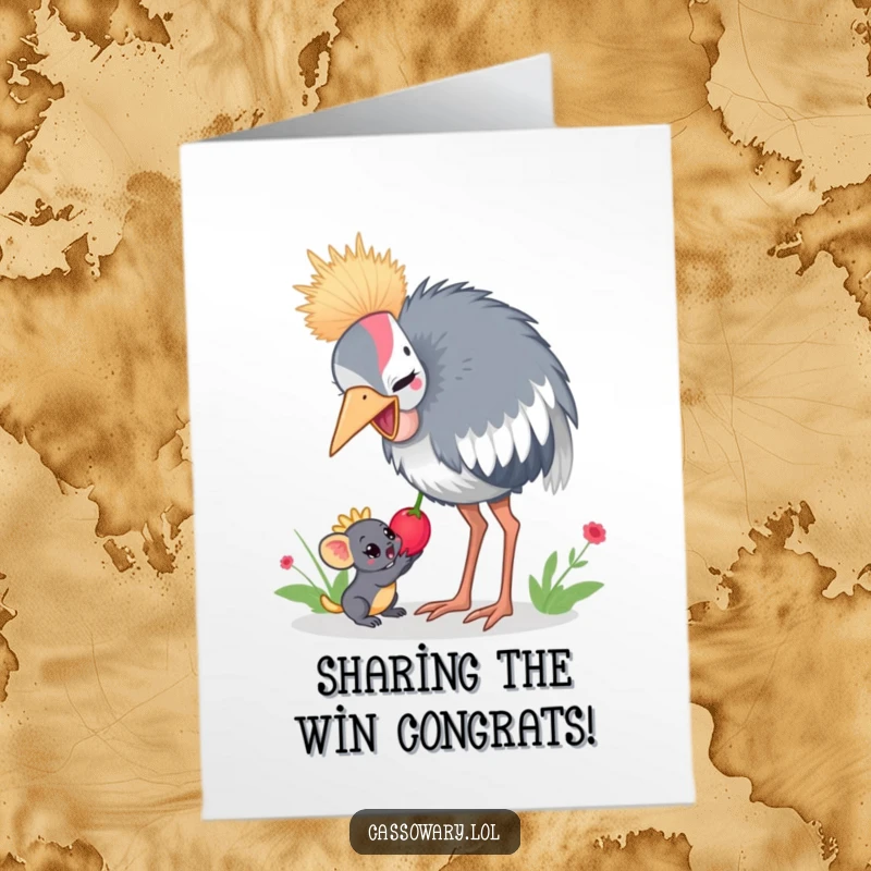 Funny Free Printable Congrats Card: A cassowary sharing a juicy berry with a small jungle creature, celebrating a shared success.