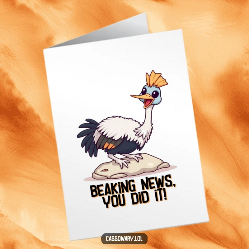 Funny Free Printable Congratulations Card: Cassowary Joyfully Tapping Beak, Celebrating Your Wins with Delight