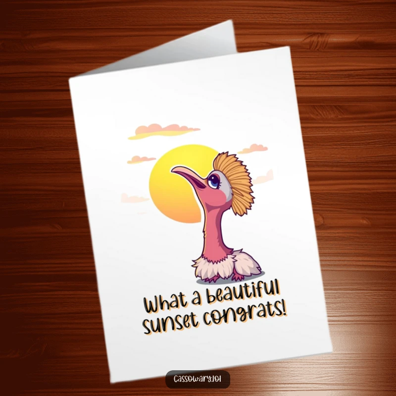 Funny Free Printable Congratulations Card featuring a cassowary peacefully watching a beautiful sunset, embodying serene achievement.