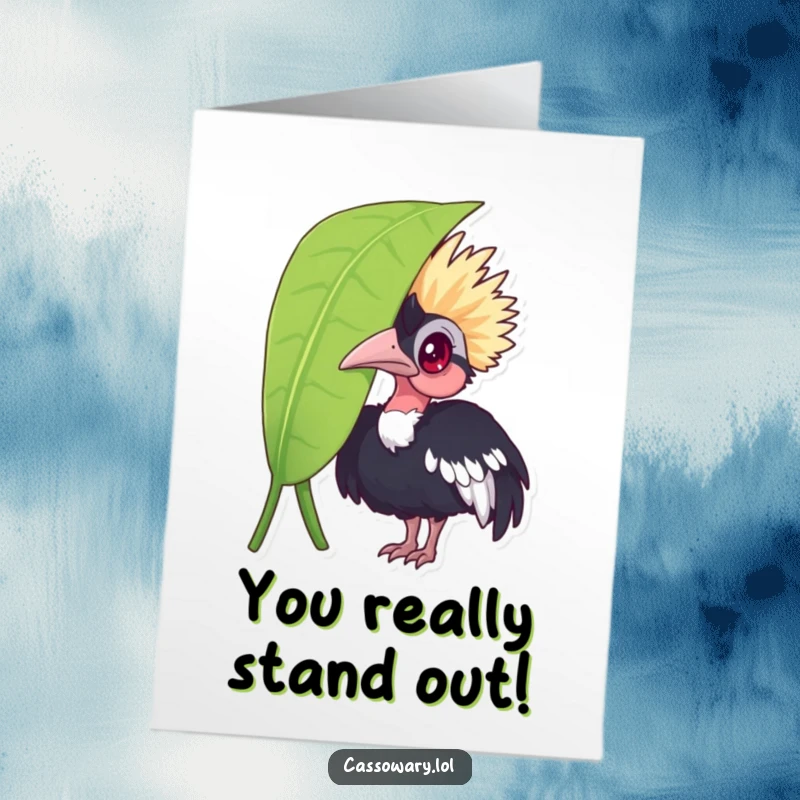 Funny Free Printable Congratulations Card: A curious cassowary peeking from a leaf, offering a unique and humorous message.