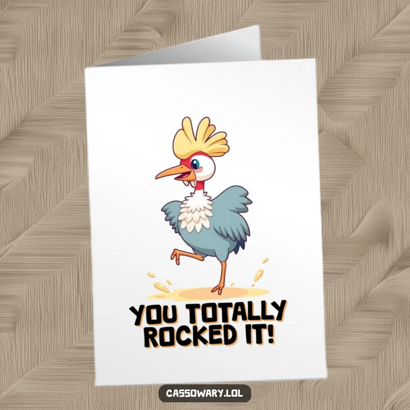 Funny Free Printable Congratulations Card: A cassowary in a joyful leap, kicking up dust to celebrate a momentous achievement.