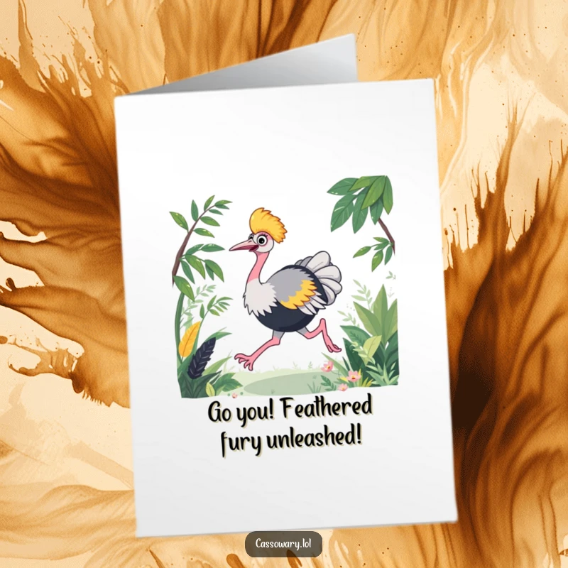 Free Printable Congratulations Card featuring a cassowary racing energetically through foliage, celebrating a fast and impressive win.