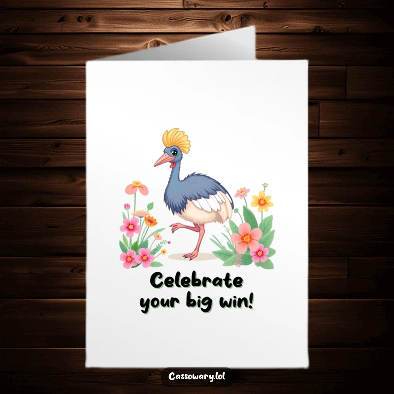 Funny free printable congratulations card: A cassowary performs a happy dance near vibrant flowers, celebrating a momentous occasion.