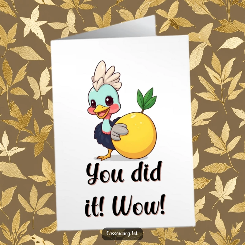 Funny free printable congratulations card: A happy cassowary nudging a big piece of fruit, celebrating success with a smile.