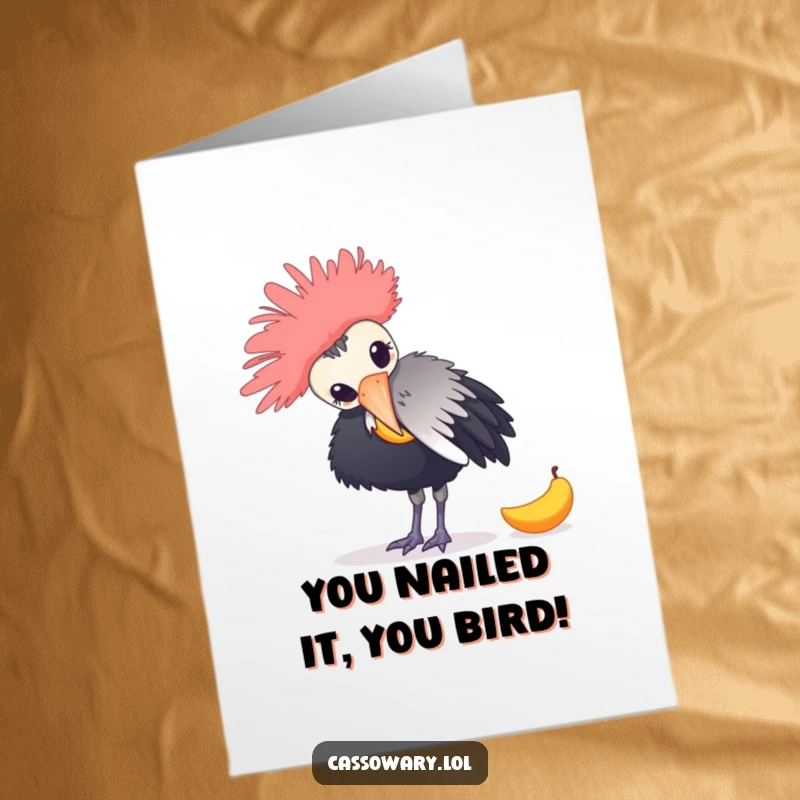 Funny Free Printable Cassowary Congratulations Card: Bird nudging a mango, celebrating success with humor.