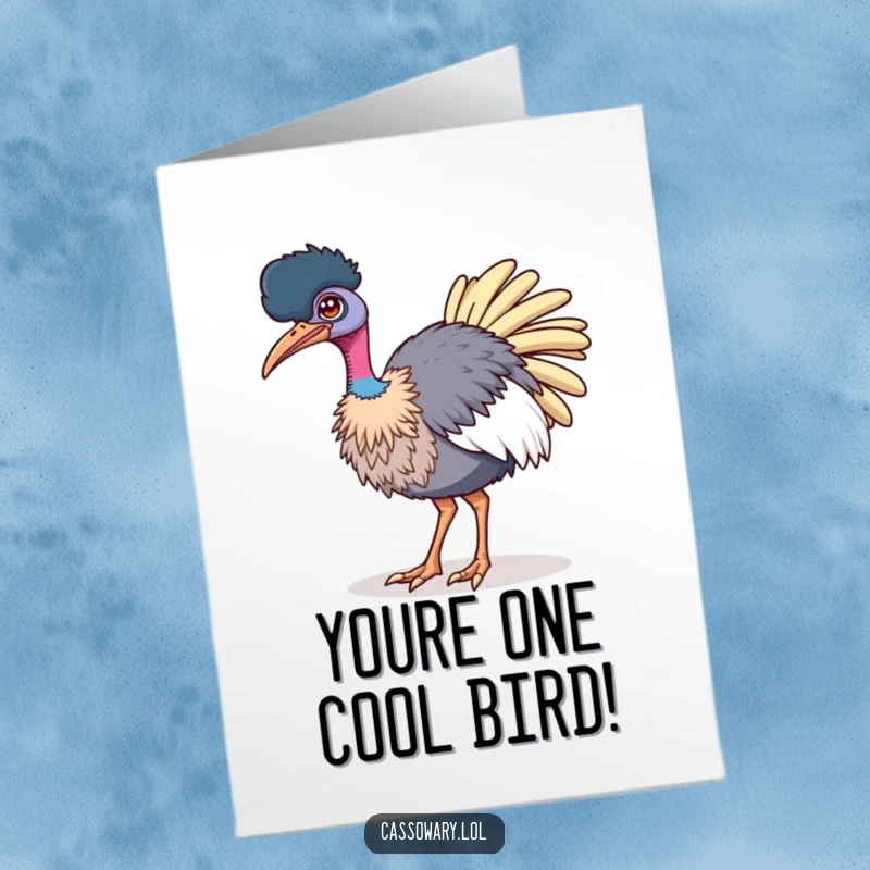 Funny Free Printable Winking Cassowary Congratulations Card: Bird winking confidently, celebrating success with style.