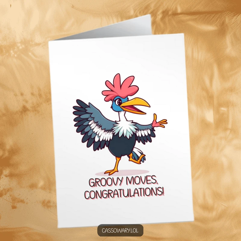 Funny Free Printable Congratulations Card: Playful cassowary grooving with a huge grin, showcasing a ridiculous dance step.