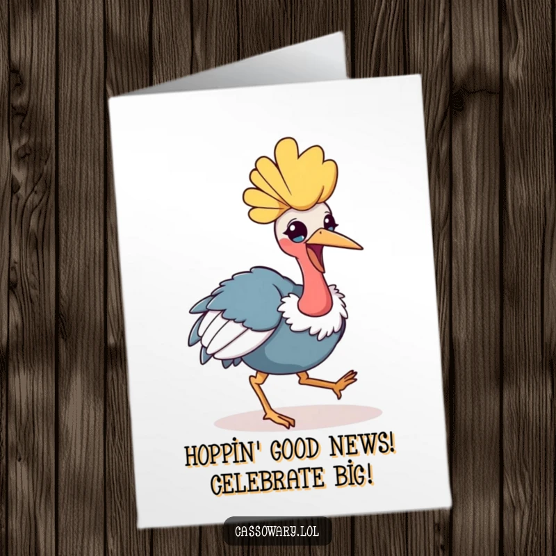Funny Free Printable Congratulations Card: kawaii cassowary in a cheerful hop, celebrating your amazing accomplishment.