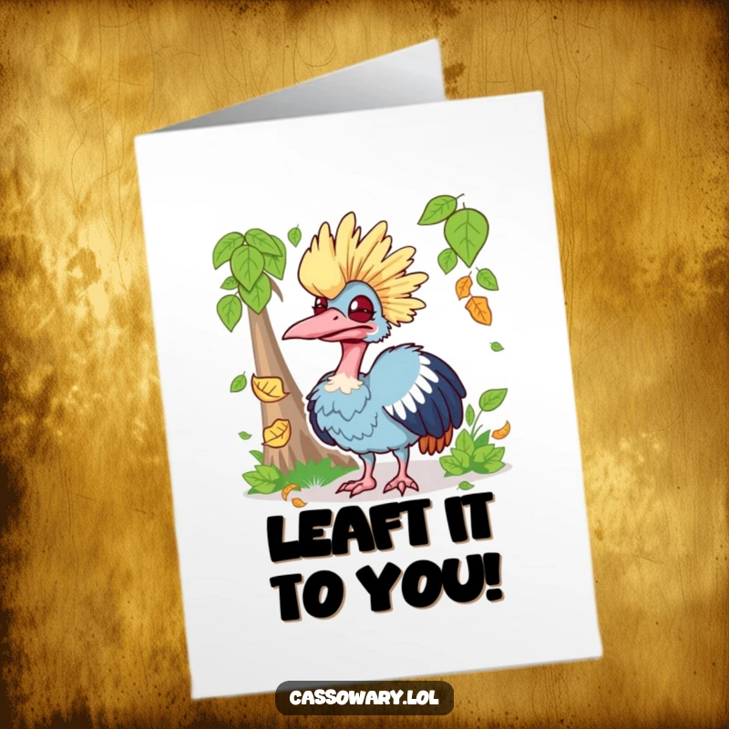 Funny free printable congratulations card depicts a cassowary making a silly face while trying to catch a falling leaf.