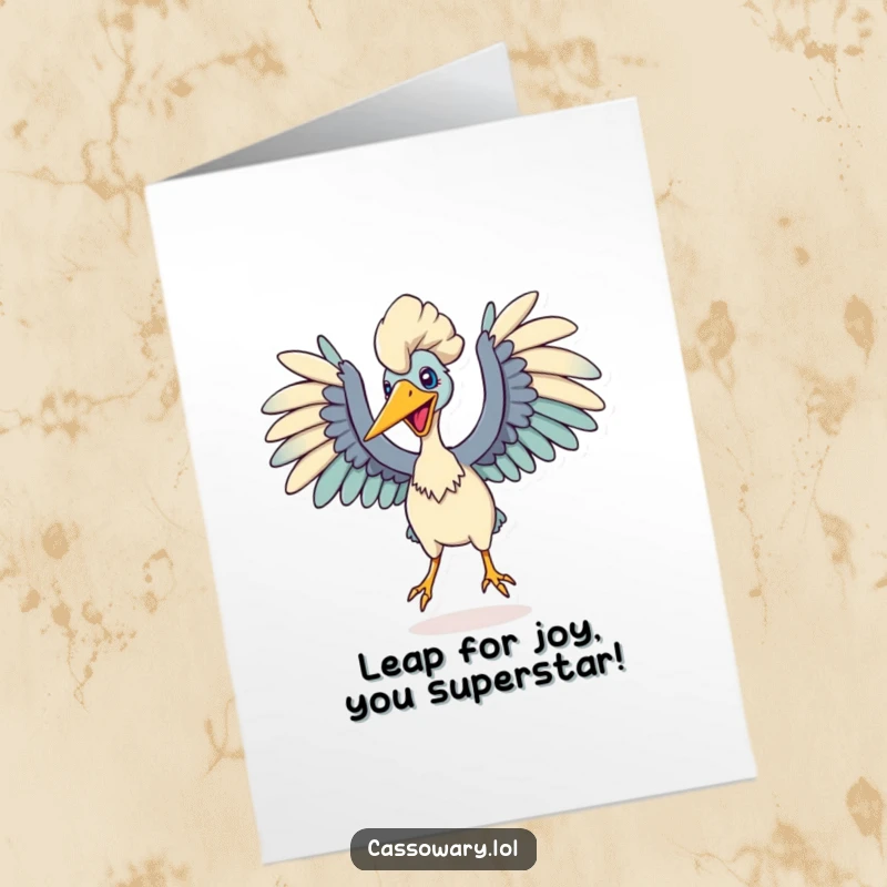 Funny free printable congratulations card: Cassowary mid-leap, wings spread wide, embodying dynamic energy.