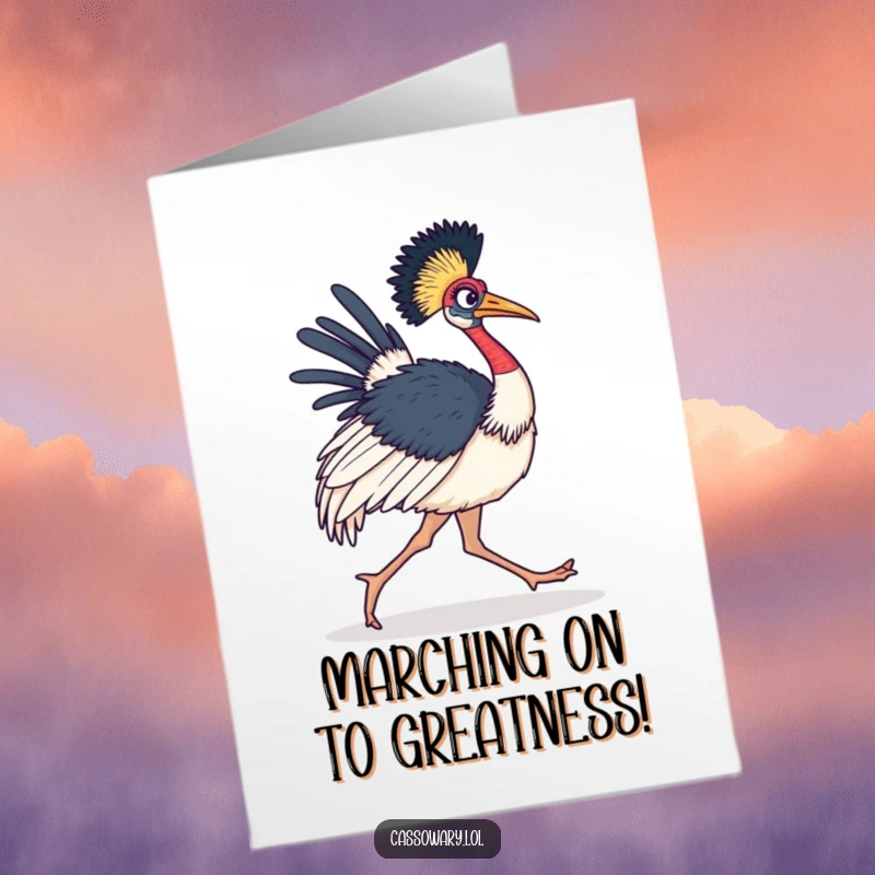 Funny Free Printable Congratulations Card: Cassowary Marching Forward Confidently, Celebrating Your Victory