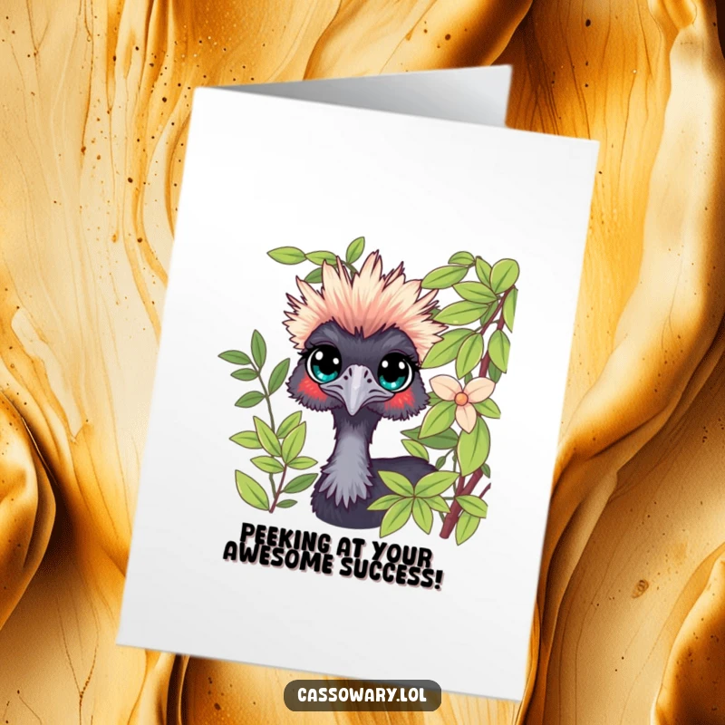 Funny free printable congratulations card: A cassowary with large, curious eyes peeks out from behind vibrant foliage, observing success.