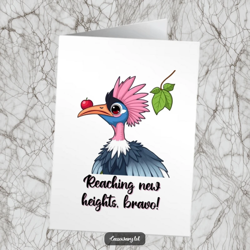Funny Free Printable Congratulations Card: Cassowary with neck extended, intensely focused on snagging a high berry prize.