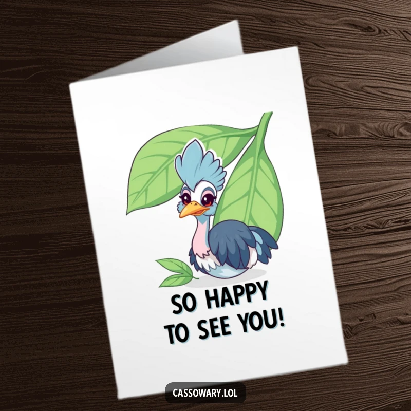 Funny Free Printable Congratulations Card: A cheerful cassowary peeking from behind a large leaf, celebrating success.