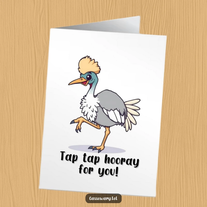 Funny Free Printable Cassowary Congratulations Card, an excited bird tapping its foot, great for a downloadable DIY gift.