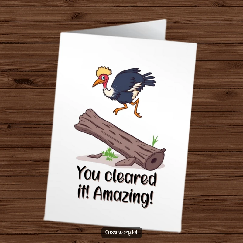 Funny Free Printable Congrats Card: An agile cassowary leaps over a log, signifying overcoming challenges.