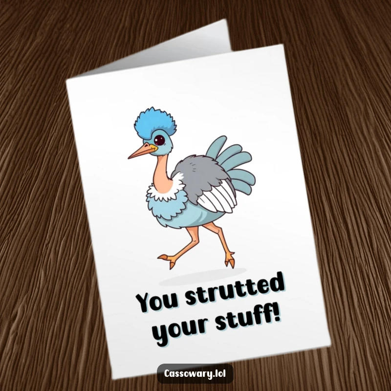 Funny Free Printable Congrats Card: A kawaii cassowary stands tall, chest puffed out in celebration of your amazing success.
