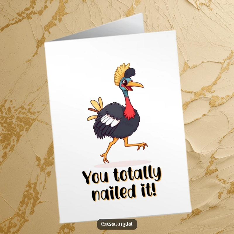 Funny Free Printable Congratulations Card: Cassowary strutting proudly with a bright beak, celebrating success, downloadable art.
