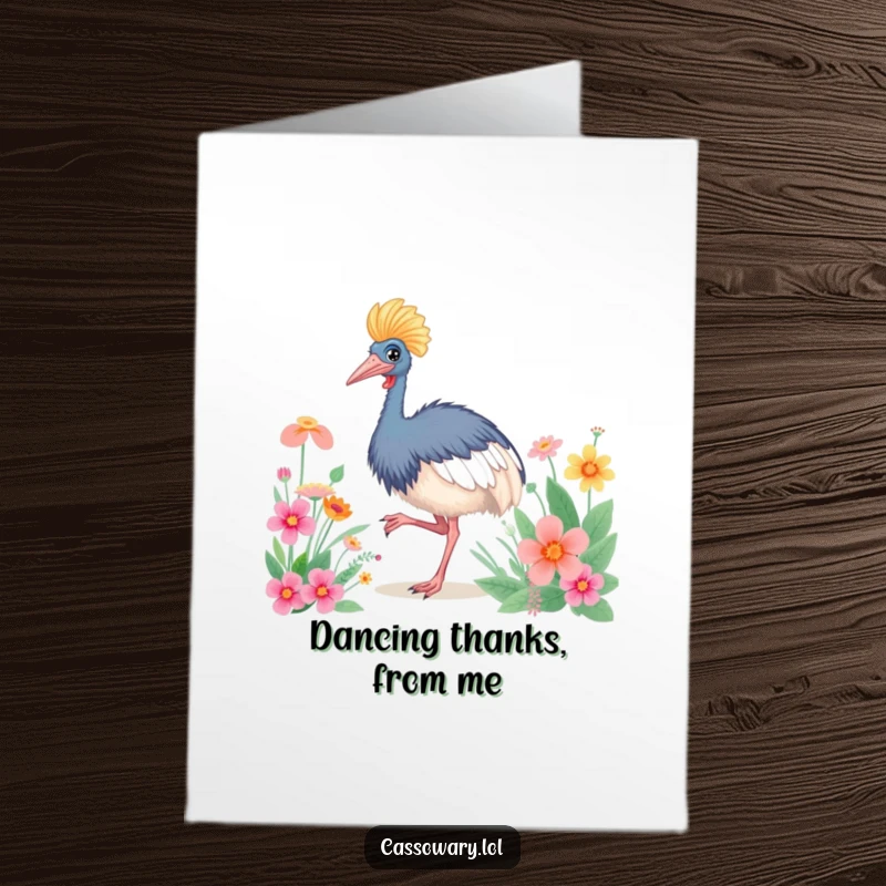 Funny free printable thank you card: A cassowary is doing a happy dance amidst vibrant flowers, showing thanks with enthusiasm.
