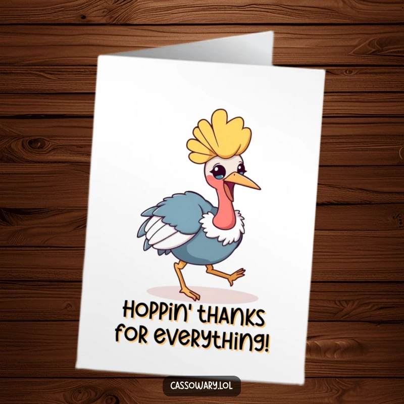 Funny Free Printable Thank You Card: a kawaii cassowary cheerfully hops, expressing sincere thanks with a smile.