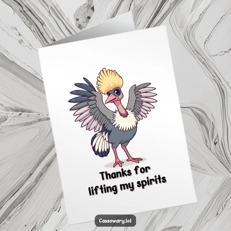 Funny Free Printable Thank You Card: A cassowary with wings slightly raised, humorously ready to take flight with thanks.