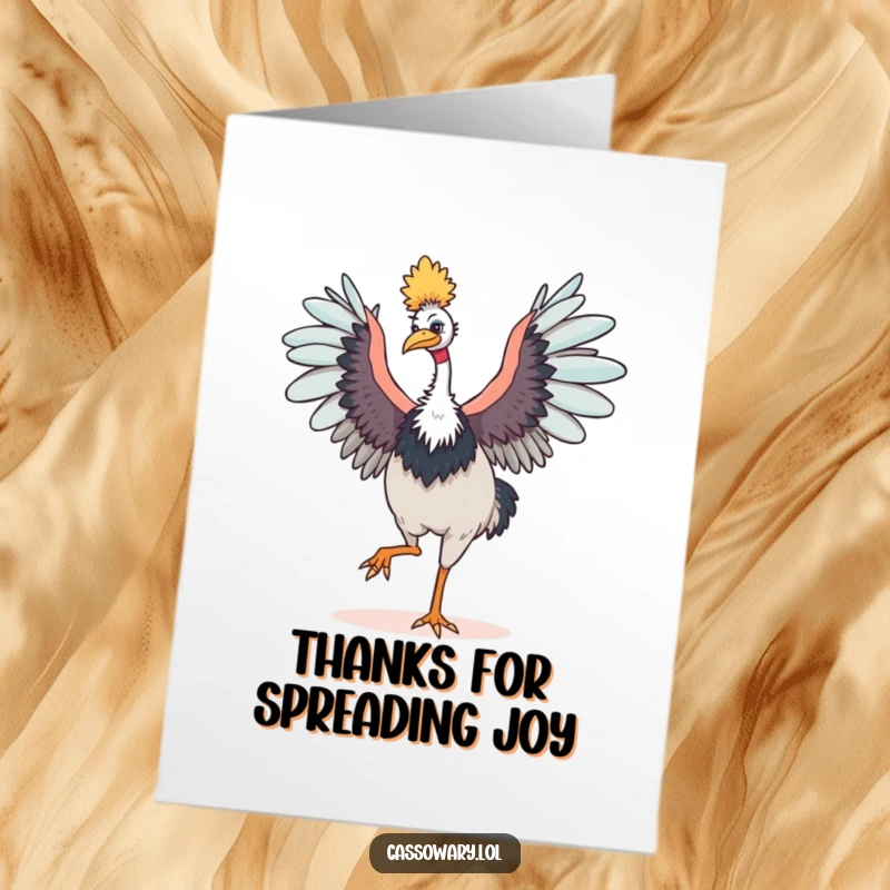 Funny Free Printable Thank You Card: A cassowary happily dancing with wings outstretched, showing vibrant appreciation.