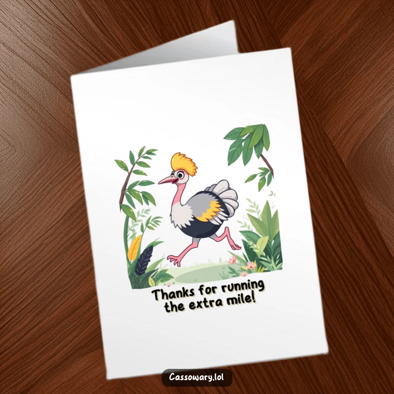 Funny Free Printable Thank You Card with a cassowary racing through foliage, a unique downloadable way to express thanks.
