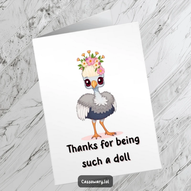 Funny Free Printable Thank You Card: A cassowary proudly struts, adorned with a tiny floral crown, expressing thanks.