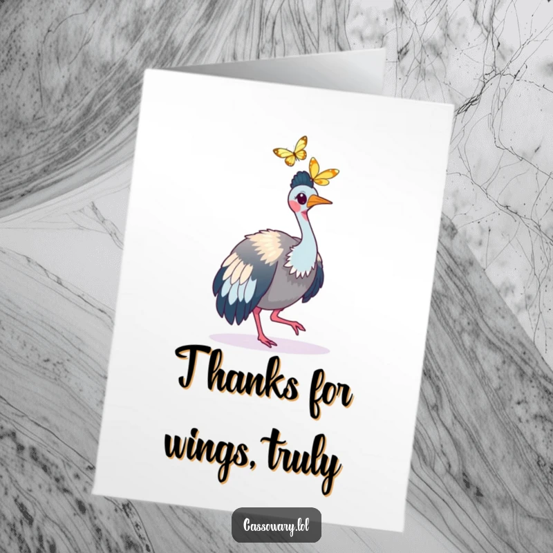 Funny free printable thank you card: A cassowary playfully chases a fluttering butterfly, symbolizing a delightful thank you.