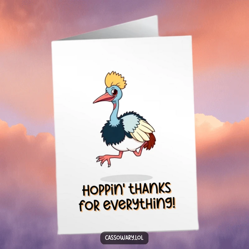 Funny Free Printable Thank You Card: A cassowary doing a comical little hop, conveying thanks with a playful bounce.