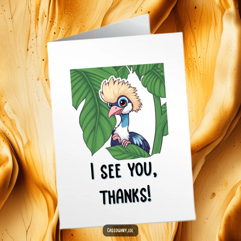Funny Free Printable Thank You Card: A curious cassowary peeking from behind a tropical leaf, sending secret thanks.