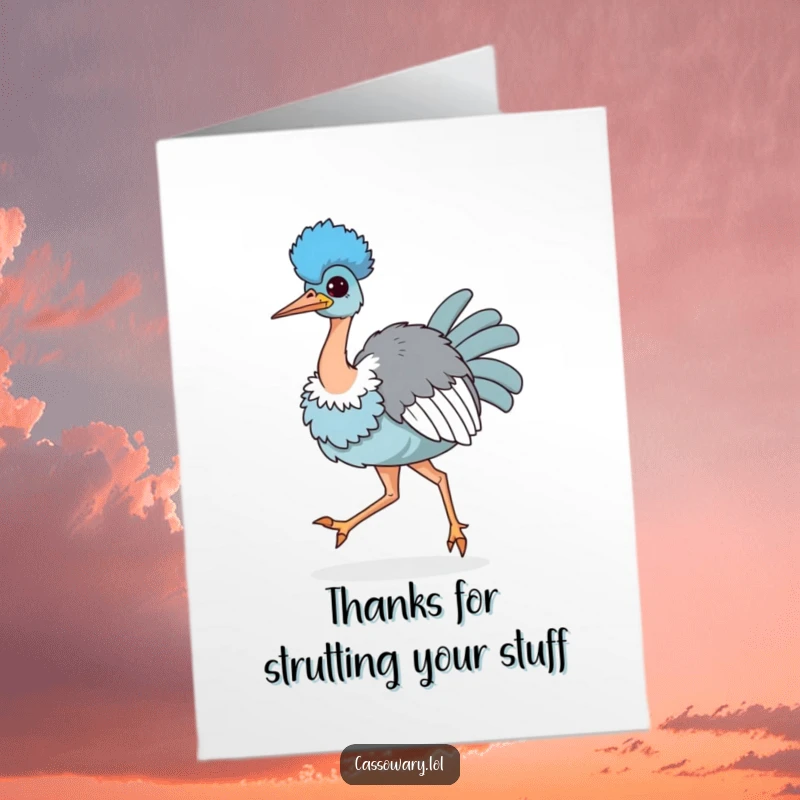 Funny Free Printable Thank You Card: A proud kawaii cassowary struts with its chest puffed out, conveying sincere thanks.