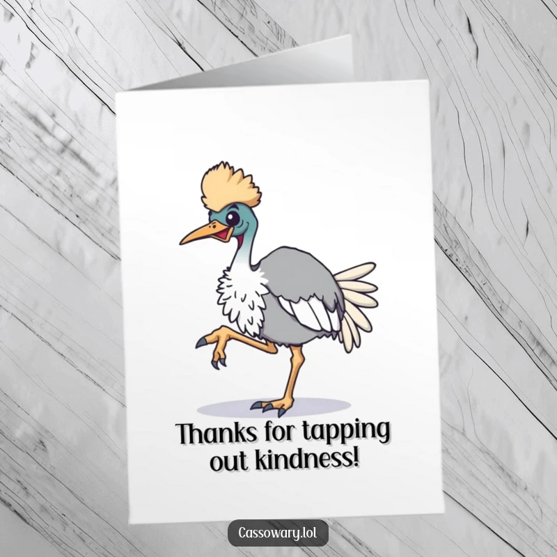 Funny Free Printable Cassowary Thank You Card, a cassowary tapping its foot with enthusiasm, perfect for a downloadable DIY gift.
