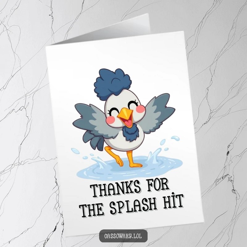 A funny free printable thank you card with a cassowary joyfully splashing in a puddle, symbolizing happy gratitude.