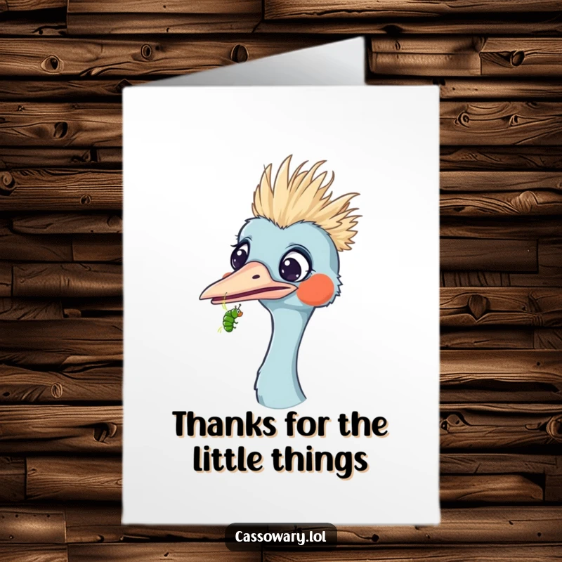 A funny free printable thank you card depicts a cassowary looking surprised by a tiny caterpillar crawling onto its beak.
