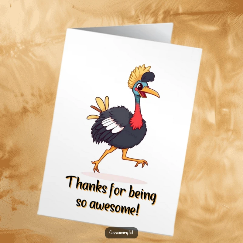 Funny Free Printable Thank You Card: Cassowary with bright beak strutting comically, expressing gratitude, downloadable art.