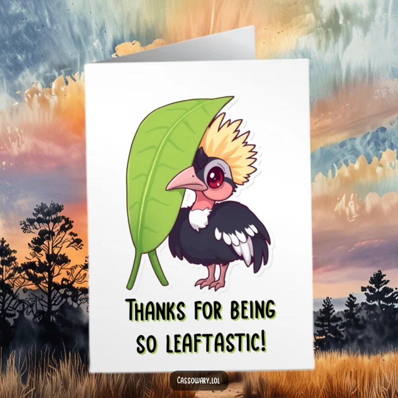 Funny Free Printable Thank You Card: Curious cassowary peeking from a leaf, conveying thanks with a comical expression.