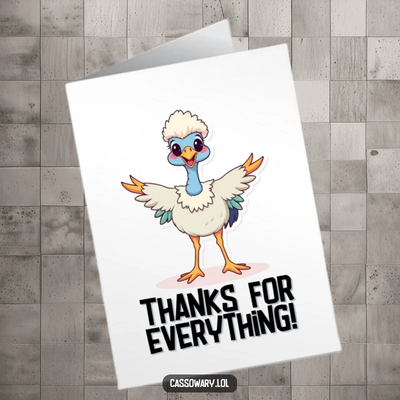 Funny Free Printable Thank You Card: A cassowary stands with legs spread wide in a joyful, thankful stance.