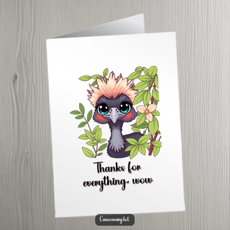 Funny free printable thank you card: A cassowary with wide, curious eyes peeks out from behind foliage, offering a secret thank you.