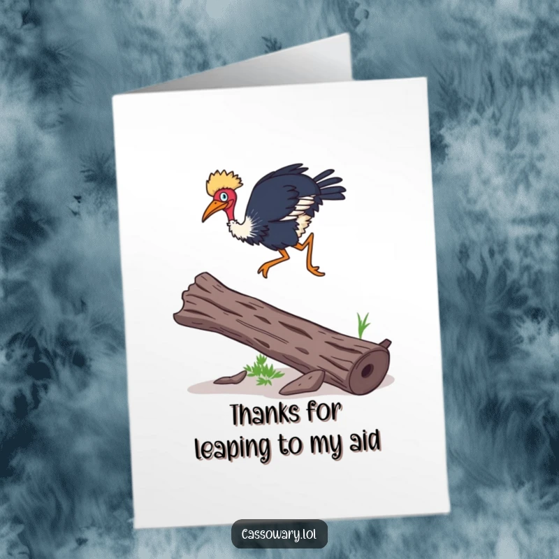 Funny Free Printable Thank You Card: A cassowary leaps over a log, representing a swift thank you.