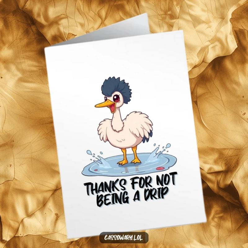 Funny Free Printable Thank You Card: Cheerful Cassowary joyfully splashing in a puddle, expressing thanks.