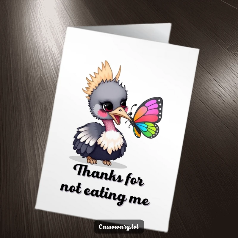 Funny Free Printable Thank You Card: A happy cassowary nudging a butterfly, a sweet and downloadable gift.