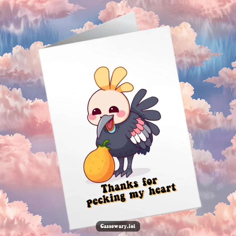Funny Free Printable Thank You Card: A kawaii cassowary joyfully pecks at a small, colorful fruit, expressing thanks.