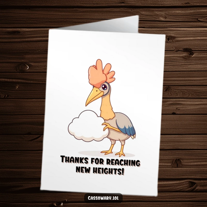 Funny free printable thank you card: Cassowary delicately extends its claw to lightly touch a soft cloud.