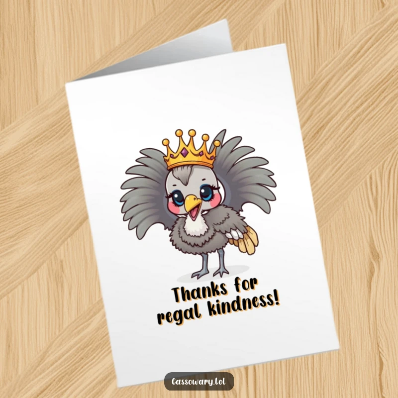 Funny Free Printable Thank You Card: A cassowary with a crown proudly parades to express thanks.
