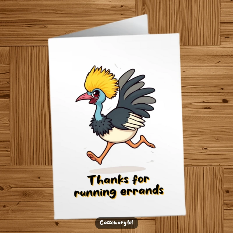 Funny Free Printable Thank You Card: A speedy cassowary runs with intense focus, delivering thanks with gusto.