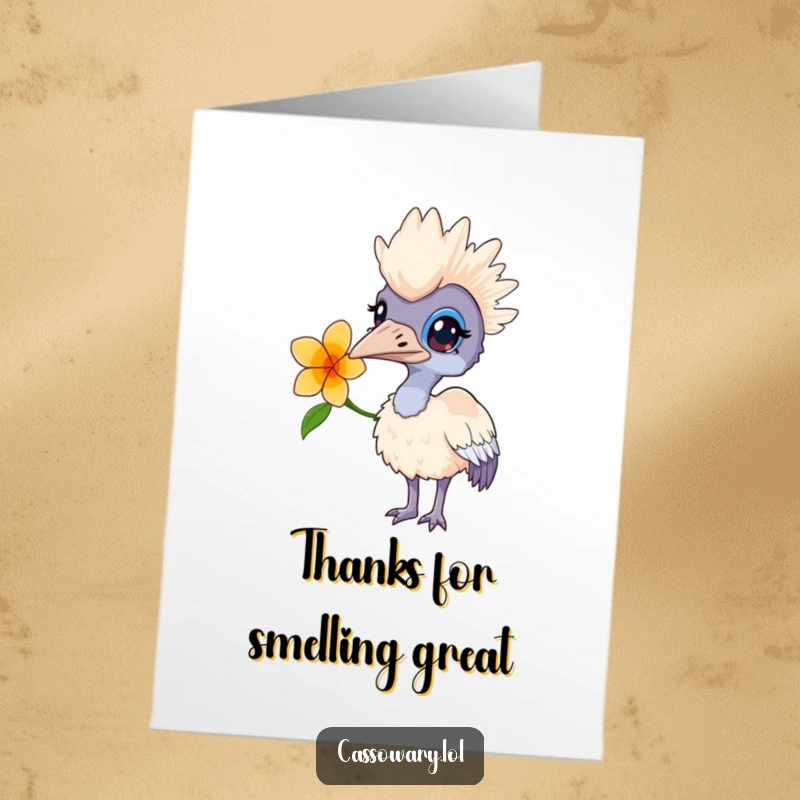 A funny free printable thank you card shows a cassowary with a flower behind its ear, its expression full of gentle curiosity.